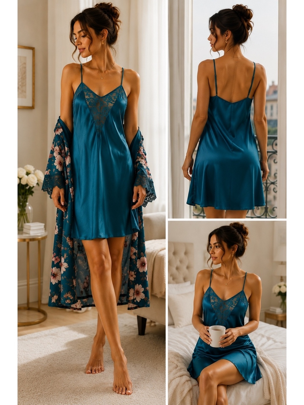 Victoria’s Secret Gold Label teal satin lingerie chemise lace Y2K